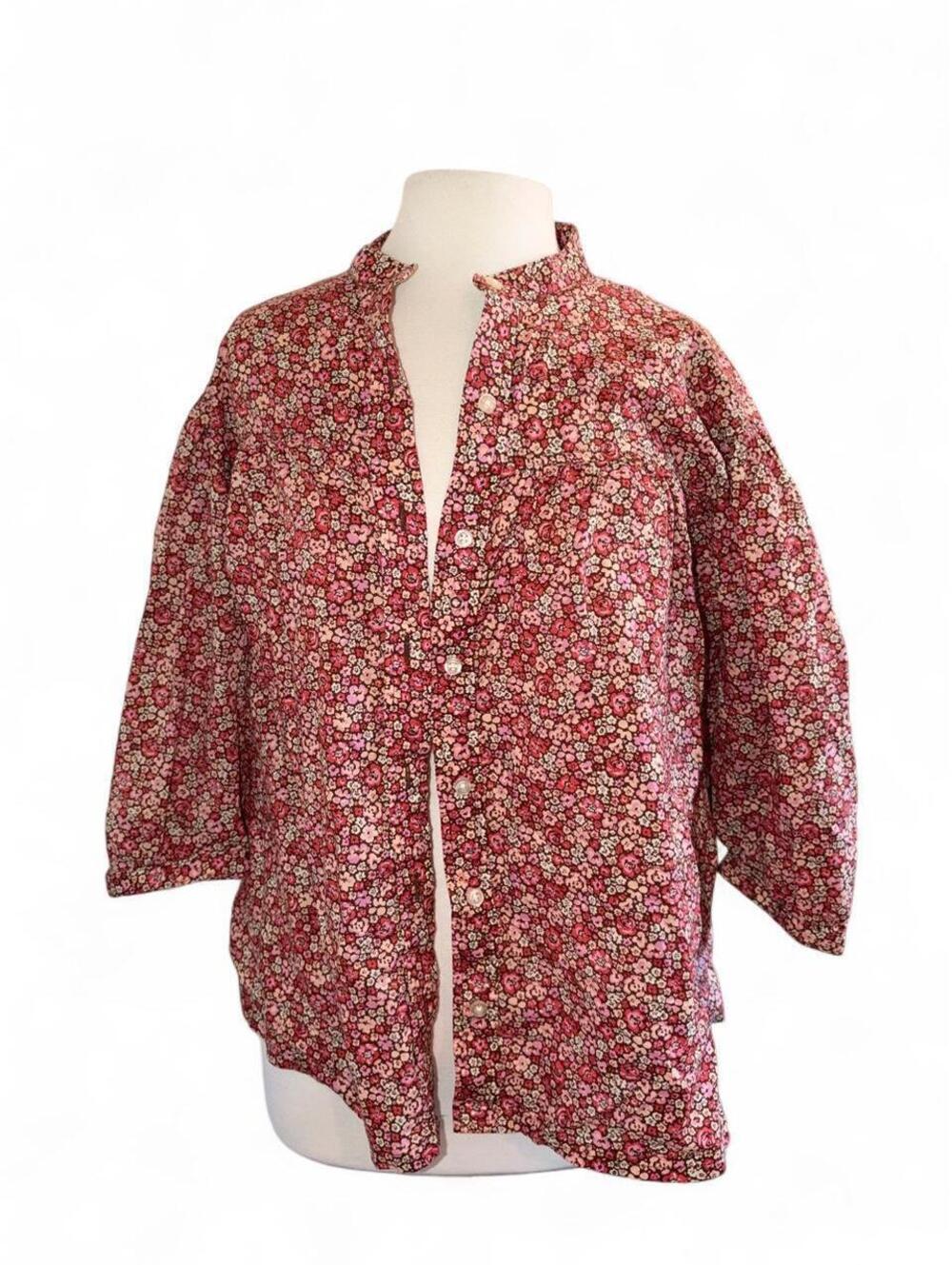 Lee Cotton Red Floral Short Sleeve Button Down Blouse, Size L Band Collar